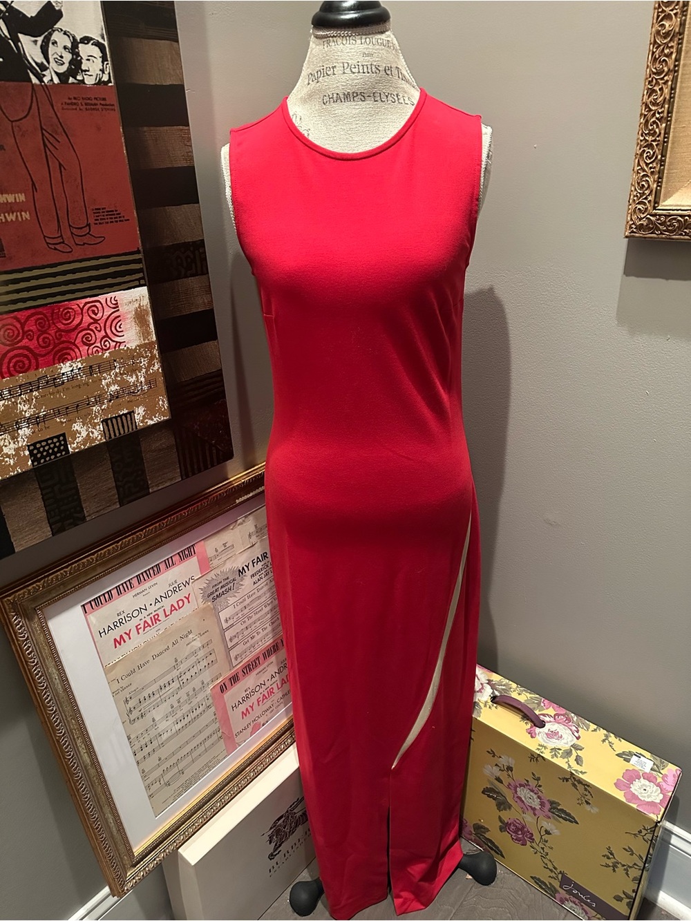 Sleeveless Red Maxi Dress with Side Slit & Nude Accent Panel